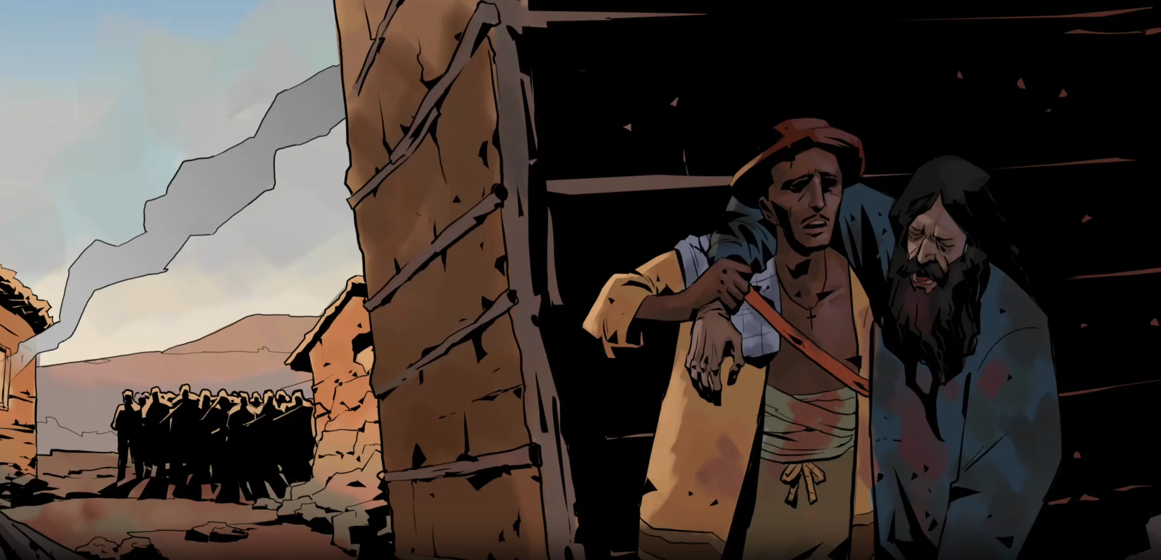 An illustrated scene: in a dark doorway on the right, a young man in a red cap and open yellow shirt holds up a wounded, bearded older man, both stained with blood. To the left, past a heavy wooden doorpost, a column of soldiers stands on a dirt road under a pale sky and a trail of smoke.