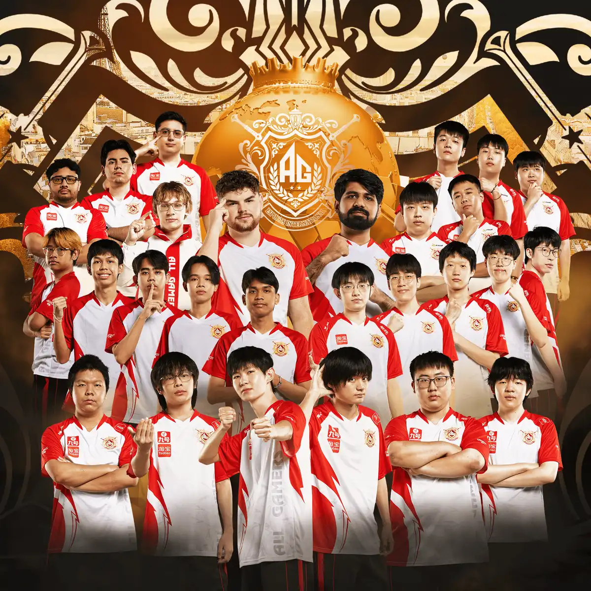 Rows of esports players in red and white team jerseys standing in front of a gold globe and crown carrying the AG Esports International crest